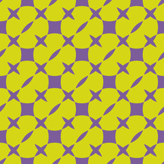 Bright colorful geometric seamless pattern. Simple vector abstract texture with squares, crosses, circles. Purple and lime green color. Minimalist funky background. Modern repeat decorative design