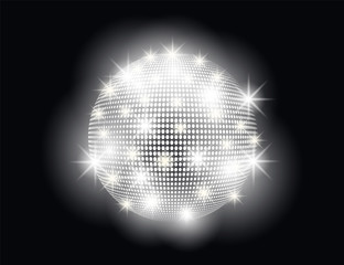Disco ball abstract with bright light rays, highlights. Vector decorative design element on an isolated dark background.