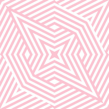 Geometric lines seamless pattern. Abstract vector texture with broken lines, ribbons, stars, diamond shapes. Simple graphic background in pink and white color. Modern linear ornament. Repeat design