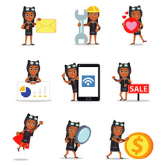 Set character of dominatrix woman wearing leather suit.