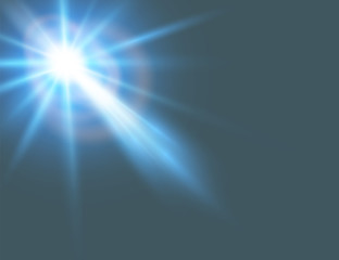 light is white and blue, with a yellow halo with transparent rays. Flash, explosion or glowing star. Vector decorative object on an isolated background.