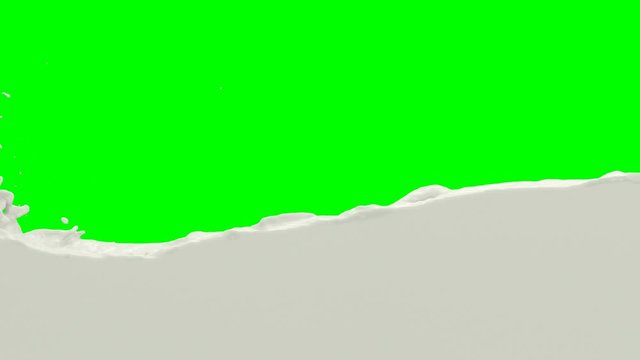 Animated front view of great amount of flowing and splashing milk from left to right and filling whole container or tank against green background.