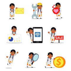 Set character of jet pack man carrying a rocket and ready to take off.