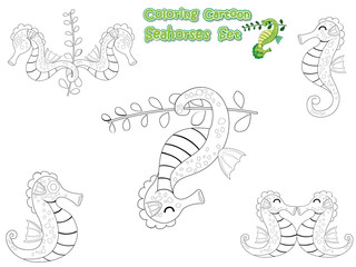 Coloring the Cute Seahorses Cartoon Set. Educational Game for Kids. Vector illustration With Cartoon Happy Animal