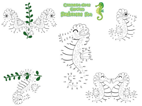 Connect The Dots and Draw Cute Seahorses Cartoon Set. Educational Game for Kids. Vector Illustration Happy Animal