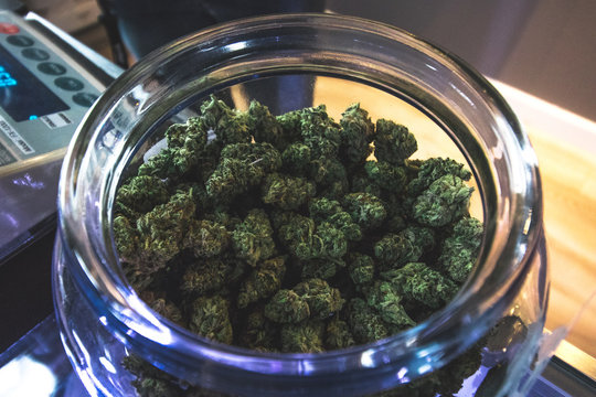Legal Marijuana Cannabis Retail Process, Buying Cannabis Stored In A Jar