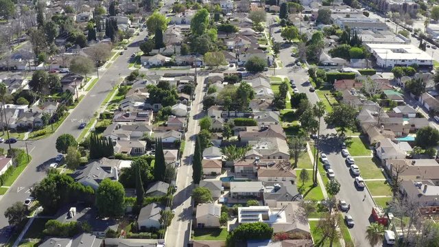 Aerial view over Van Nuys residential city suburb, Los Angeles, California