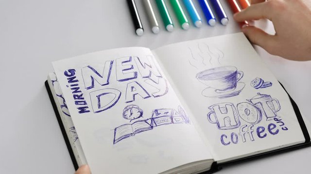 Good Mood Start a Happy New Work Day and  painting scetch on paper notebook