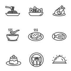 Set of cuisine icons in black line design. Foods vector illustration in simple black and white design isolated on white background