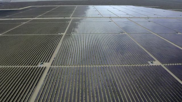 Aerial shot, Ivanpah Solar grid electrical power farm, Mojave California