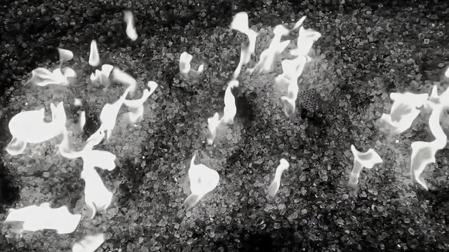 Flames flickering in fire pit, viewed from above, black and white in slow motion