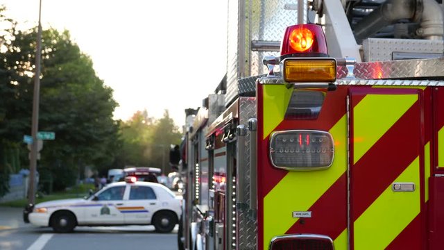 Close up red flashing emergency lights on accident scene with 4k resolution.
