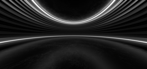 Dark hall with bright white neon lights on a black background. 3d rendering image.