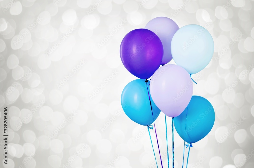 Sticker Bunch of colorful balloons on white bokeh background