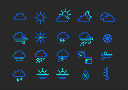 Collection of weather conditions icons with two different contrasting colors, such as cloudy, rain, thunderstorm, and sunny. Suitable for weather forecast report icons. Weather graphic element.