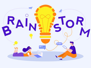Flyer Inscription in Capital Letters Brainstorm. Employees Process Augmented and Reality Related Ideas. Light Bulb in Center, Guy Sitting with Cloak, Girl is Lying with Laptop. Vector Illustration.