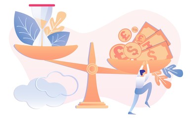 Time is Money Business Concept. Hourglass Dollar Coins on Scales. Cartoon Businessman Climb on Weighter Vector Illustration. Sandglass Running. Work Efficiency Financial Profit Time Management
