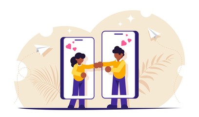 Website or dating app concept. Meet your love. People find and communicate with each other through phones. Modern metaphor. Flat vector illustration.