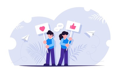 Social media concept. People stand with signs urging to put likes. Interacting with content on social media. Modern flat vector illustration.