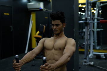 Obraz na płótnie Canvas An young and handsome Indian Bengali brunette man with muscular body doing exercise in a multi gym. Fitness and Indian lifestyle.