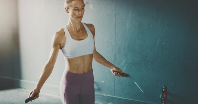 Fit attractive blonde woman jump roping in the gym as part of her workout routine, determined woman focused on achieving her fitness goals in the gym