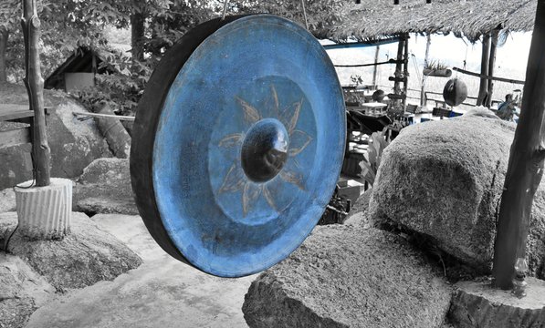 buddhist gong - gangsa in Thailand, black and white