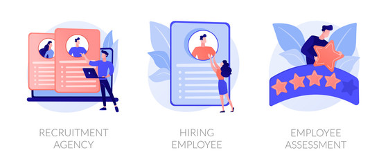 Employer actions icons set. Employment service, resume search, staff selection. Recruitment agency, hiring employee, employee assessment metaphors. Website web page template - concept metaphors.