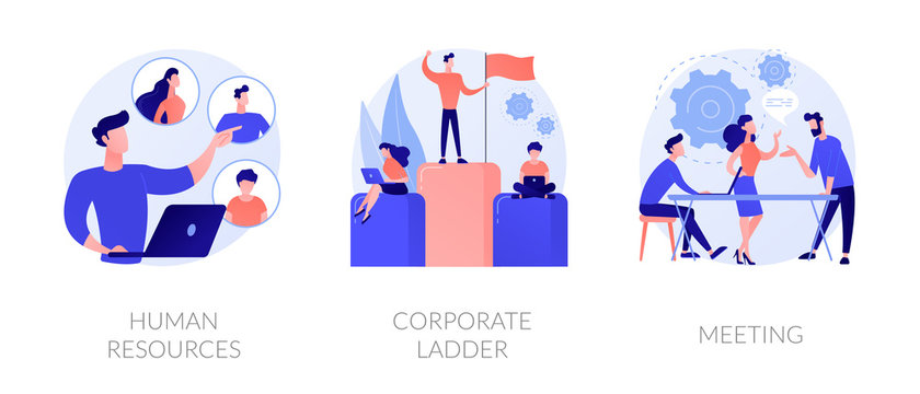 Staff management icons set. Job promotion, leadership ways. Business conference. Human resources, corporate ladder, meeting metaphors. Website web page template - concept metaphors.
