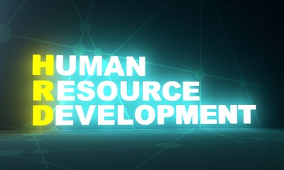 HRD - Human Resource Development acronym. Business concept background. 3D rendering. Neon bulb illumination