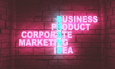 Obraz premium Acronym Brand. 3D rendering. Neon bulb illumination