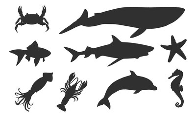 Vector silhouettes of sea animals and underwater inhabitants on a white background.