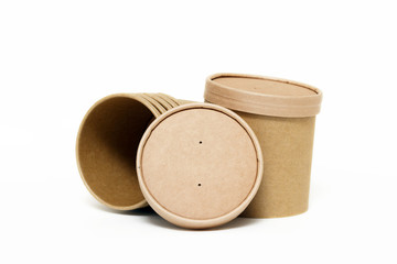 Eco kraft paper tableware. Fast food paper containers isolated on white background. Recycling concept. Zero waste.