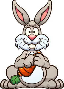 Cartoon rabbit holding a big carrot. Vector clip art illustration with simple gradients. Some elements on separate layers.