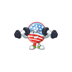 USA stripes balloon mascot icon on fitness exercise trying barbells