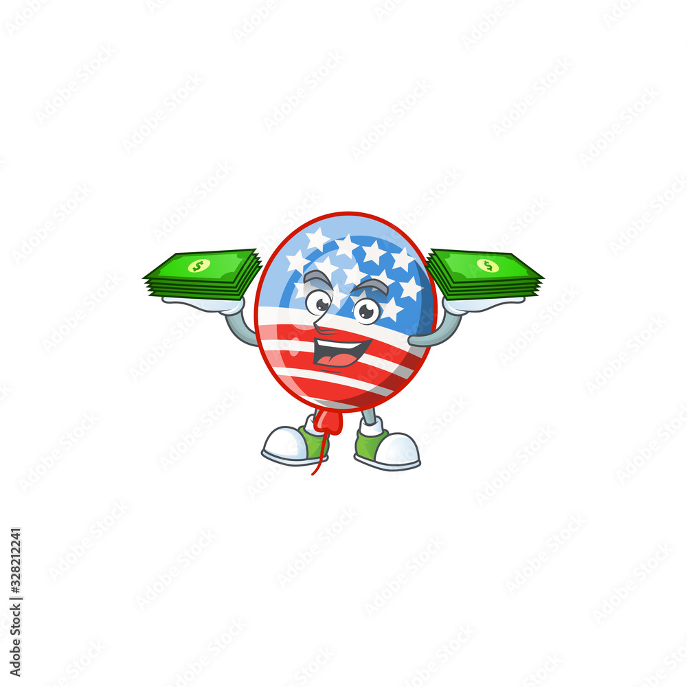 Poster rich and famous usa stripes balloon cartoon character with money on hands