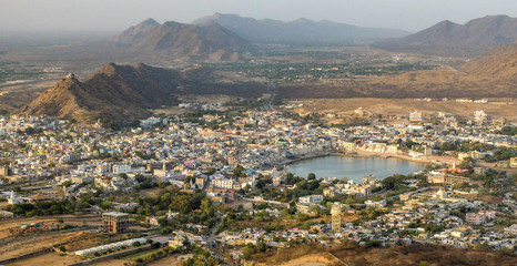 Salvitri Mata temple at dusk,overlooking Pushkar,Rajasthan,India.lights,evening