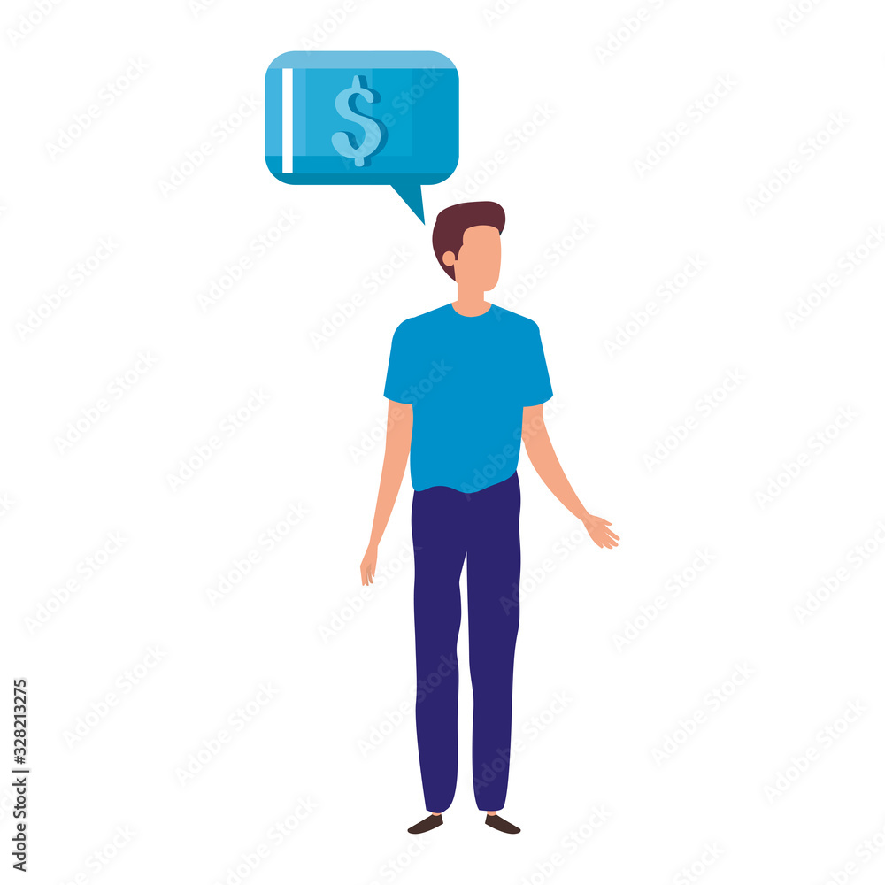 Sticker businessman and speech bubble with symbol dollar