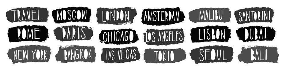Vector brush stroke travel town city text Boxes set. Painted strips, round, square.