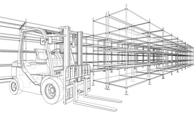 Warehouse shelves and forklift. Vector