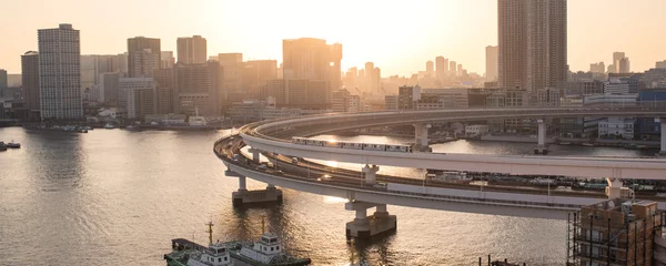 Fototapete Rund Yurikamome Train on Rainbow Bridge and Tokyo skyline at sunset　夕暮れのレインボーブリッジを走るゆりかもめと東京湾岸のビル群 © wooooooojpn