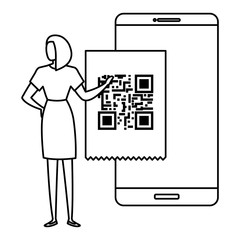 businesswoman and smartphone with scan code qr