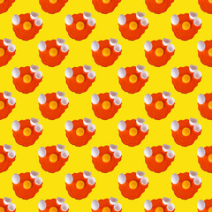 Seamless pattern raw orange egg, yolk, white broken eggshell on yellow background isolated, repeating ornament backdrop, Easter banner, creative paschal poster, art food wallpaper, trendy print design