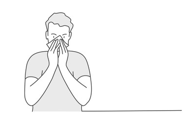 Sick man sneeze. Hand drawn vector illustration.