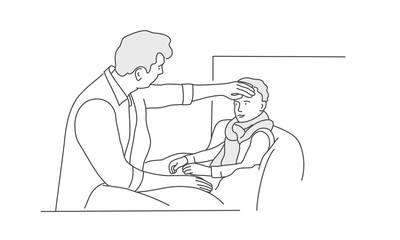 Doctor or father checking the ill boy's forehead. Hand drawn vector illustration.