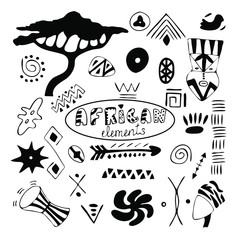 Hand drawn African elements on white background. Vector illustration.