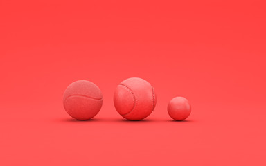 Sport balls and equipments in flat monochrome red scene, single color, 3d rendering