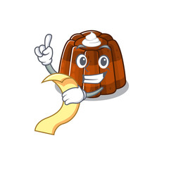 A funny cartoon character of chocolate pudding holding a menu