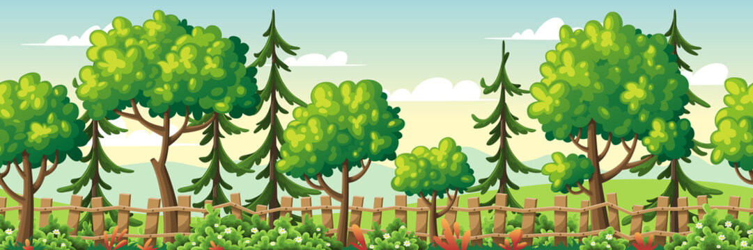 Seamless summer landscape with trees, fence and flowers. Vector Illustrations with separate layers. Concept for banner, web background and templates.