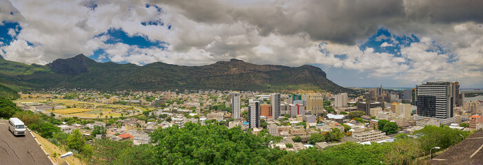 Panoramic authentic view over Port Louis, the capital of the wonderful island Mauritius.