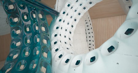 Abstract architectural background. Interior made of wood, concrete and glass. 3D illustration and rendering.